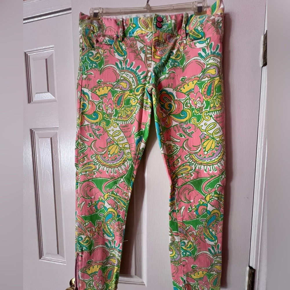 Lilly Pulitzer Pink and Green Skinny Jeans with Tropical Print